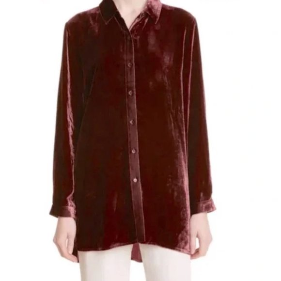 NWT Eileen Fisher Dark Cranberry Velvet Tunic Button Down Blouse Small - Picture 1 of 13